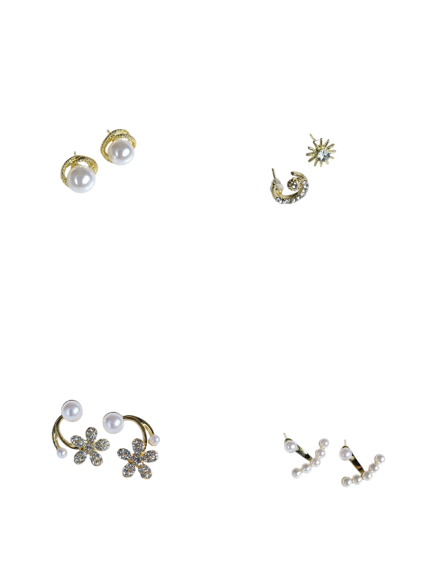 Pearl and Crystal Stud Earrings, Gold-Tone Fashion Jewellery with Floral Design