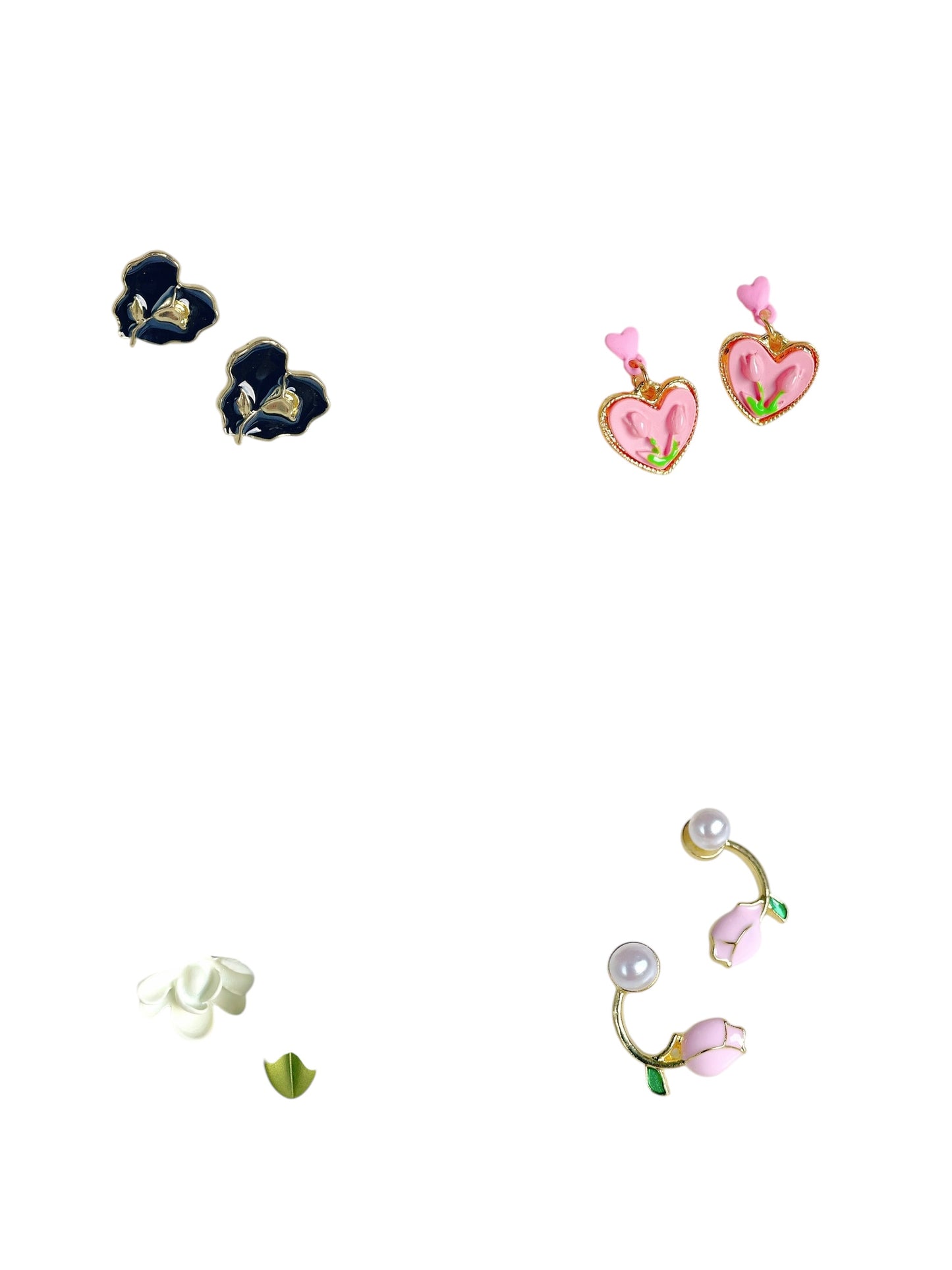 Floral Stud Earrings, Navy and Pink Heart Design with Pearl Accents, Gold-Tone