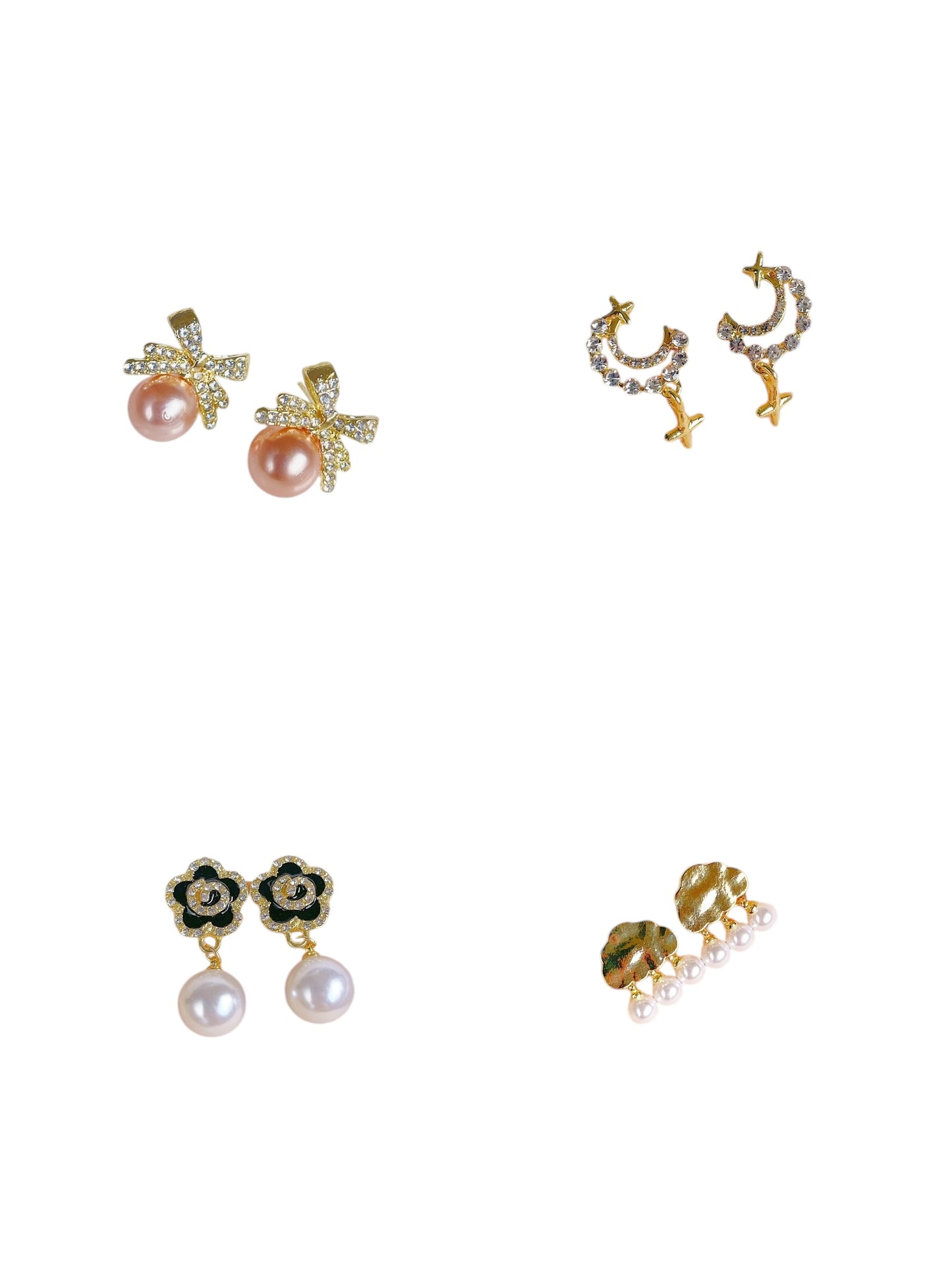 Fashion Pearl Drop Earrings, Gold-Tone Crystal Bow and Crescent Moon Design