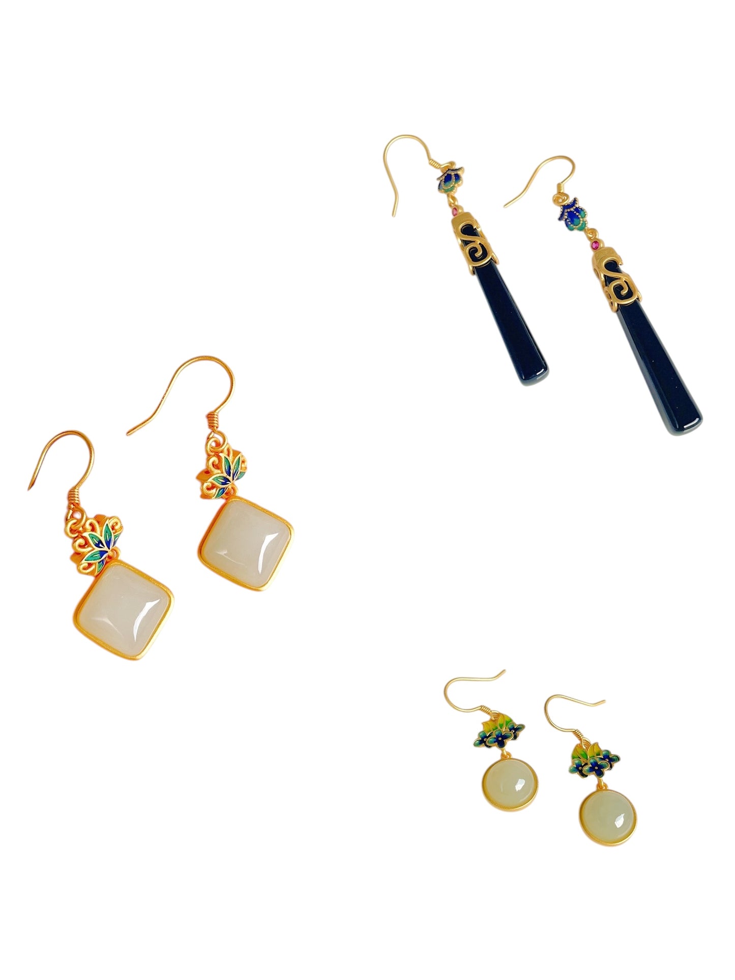 Chinese Vintage Style Dangle Earrings Set, 3 Pairs, Gold-Tone with Enamel Accents, Black and White Gemstones