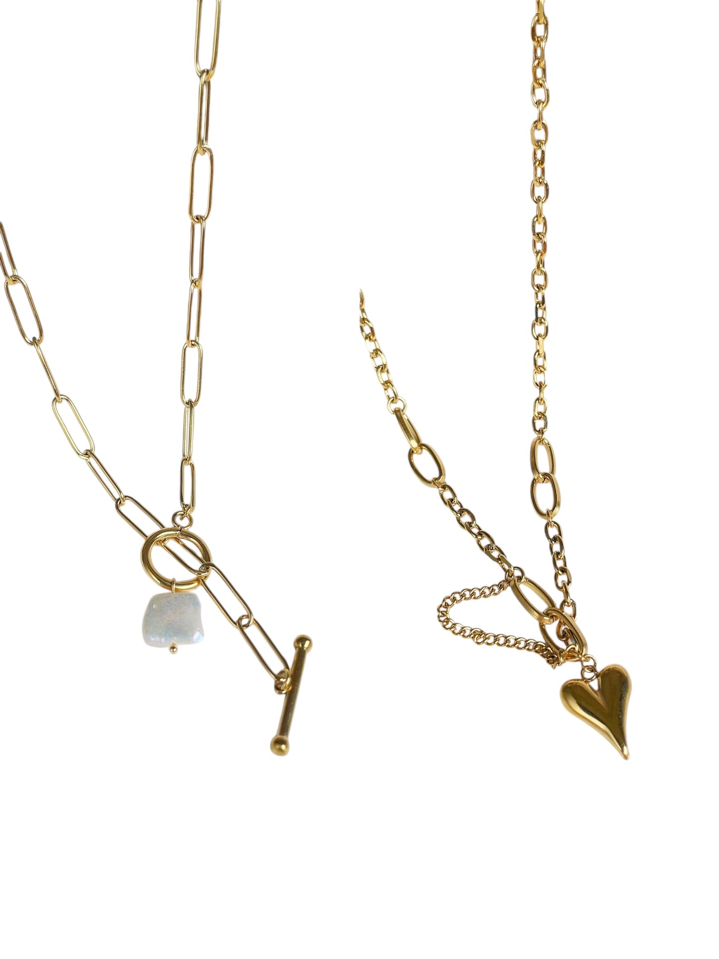 Modern Gold Chain Necklace Set, Toggle Clasp with Pearl Charm and Heart Pendant,