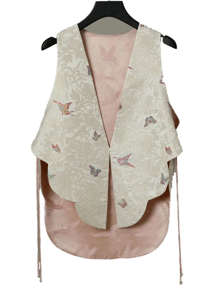 Elegant Butterfly and Bird Print Vest, White Floral Jacquard, Pink Lining, Sleeveless