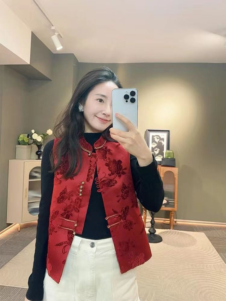 Neo-Chinese Style, New Year, Traditional Chinese Red Floral Vest, Sleeveless Button-Up Design, Mandarin Collar