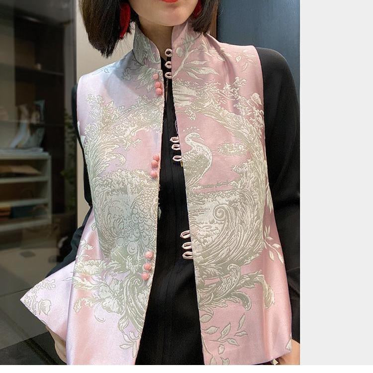 Traditional Chinese Style Vest, Pink Satin with Silver Floral Embroidery, Mandarin Collar, Frog Button Closure