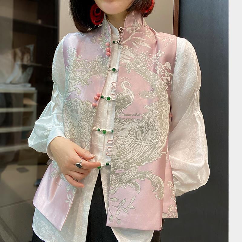 Traditional Chinese Style Vest, Pink Satin with Silver Floral Embroidery, Mandarin Collar, Frog Button Closure