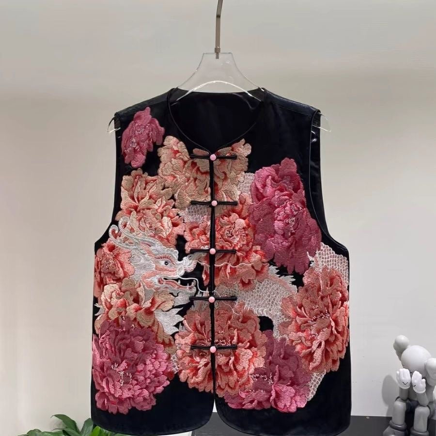 Traditional Chinese Floral Embroidered Vest, Black with Pink Peony Pattern, Frog Button Closure