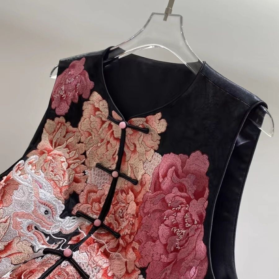 Traditional Chinese Floral Embroidered Vest, Black with Pink Peony Pattern, Frog Button Closure