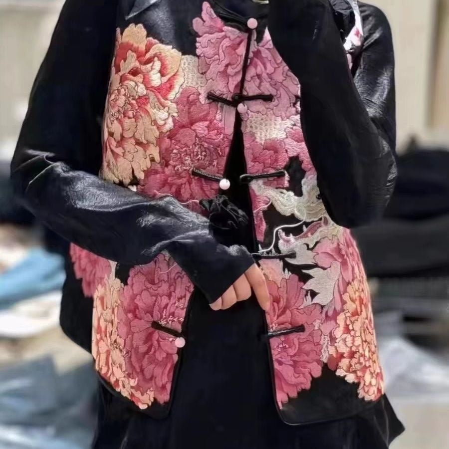 Traditional Chinese Floral Embroidered Vest, Black with Pink Peony Pattern, Frog Button Closure