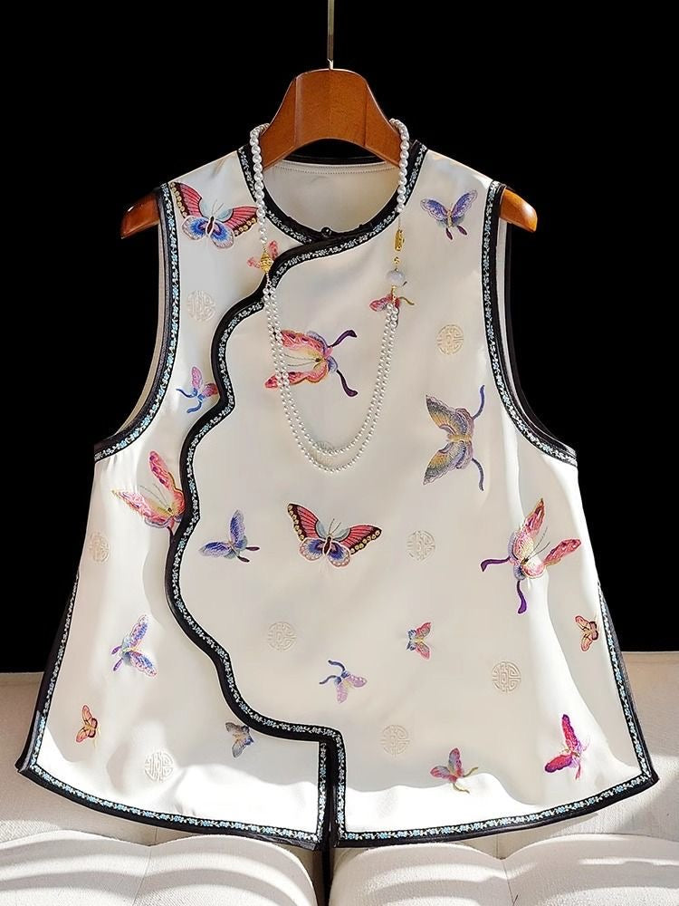 Neo- Chinese Style, New Year, Sleeveless Butterfly Print Qipao Top, Traditional Chinese Style with Pearl Trim, White with Multicolour Pattern