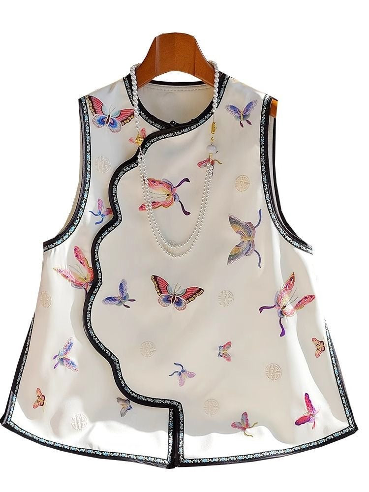 Neo- Chinese Style, New Year, Sleeveless Butterfly Print Qipao Top, Traditional Chinese Style with Pearl Trim, White with Multicolour Pattern