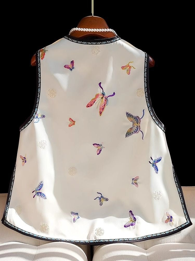 Neo- Chinese Style, New Year, Sleeveless Butterfly Print Qipao Top, Traditional Chinese Style with Pearl Trim, White with Multicolour Pattern