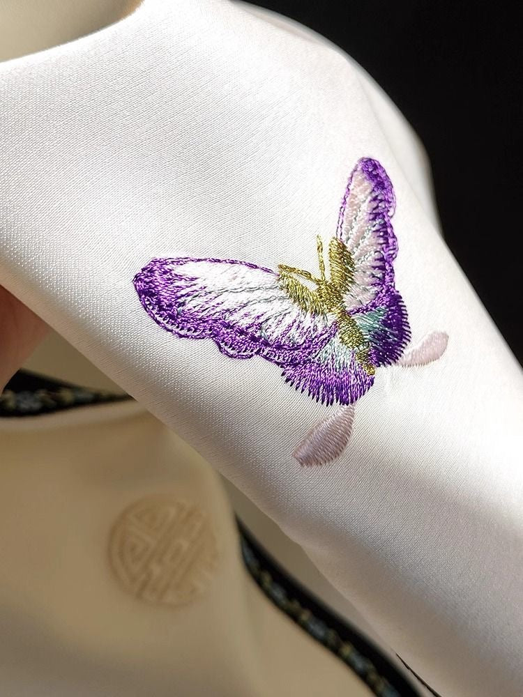 Neo- Chinese Style, New Year, Sleeveless Butterfly Print Qipao Top, Traditional Chinese Style with Pearl Trim, White with Multicolour Pattern