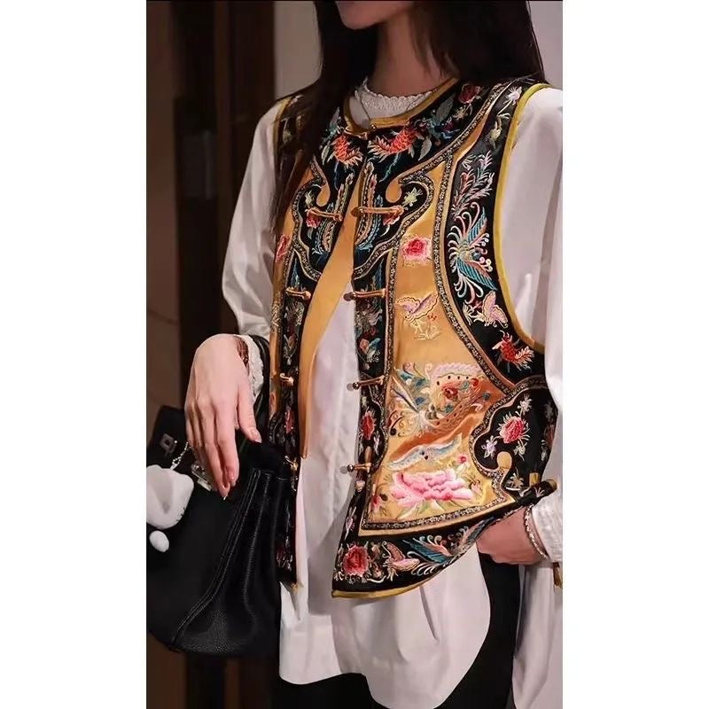 Vintage Embroidered Floral Vest, Oriental Style, Gold and Black with Butterfly Pattern, White Blouse Combination