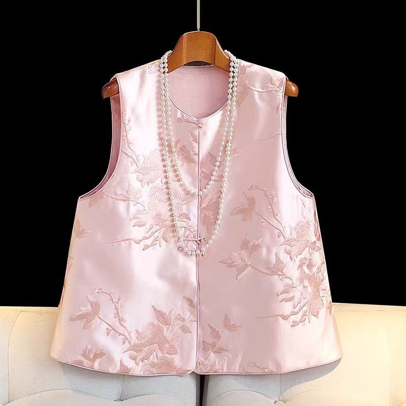 Women's Floral Embroidered Satin Vest, Pink, Sleeveless, Traditional Asian Style
