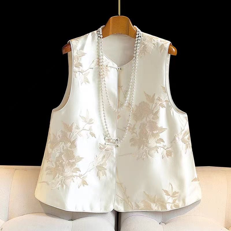 Women's Floral Jacquard Sleeveless Vest, Pearl Necklace Detail, Ivory White