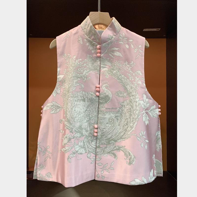 Elegant Floral Mandarin Collar Vest, Pink with Grey Pattern, Traditional Chinese Style Button Closure