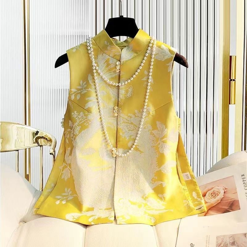 Women's Sleeveless Floral Jacquard Vest, Yellow with Pearl Necklace, Mandarin Collar