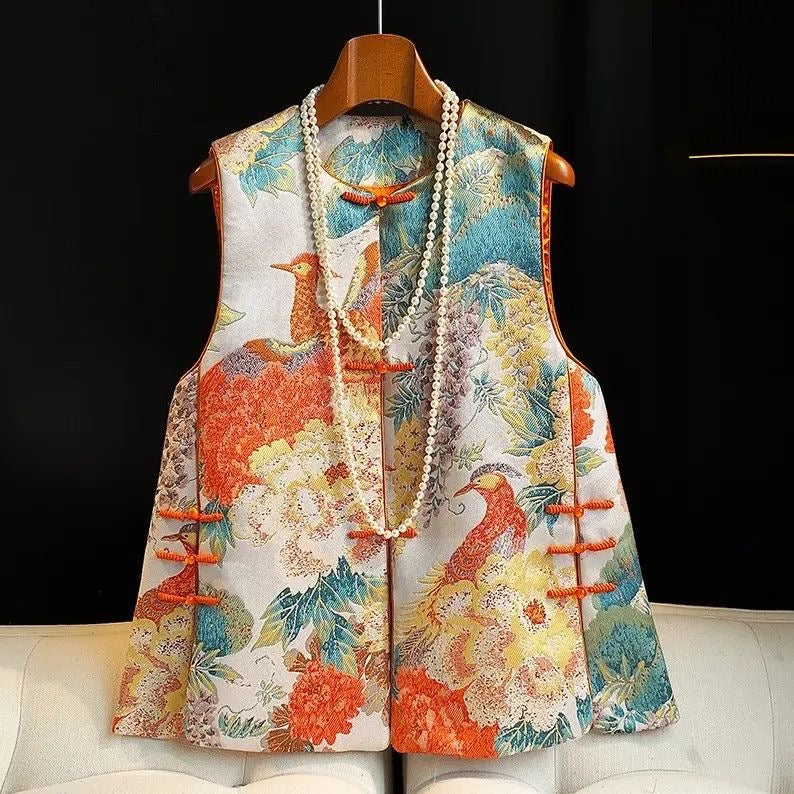 Traditional Asian Floral Bird Print Vest, Sleeveless, Orange and Turquoise Pattern with Frog Closures