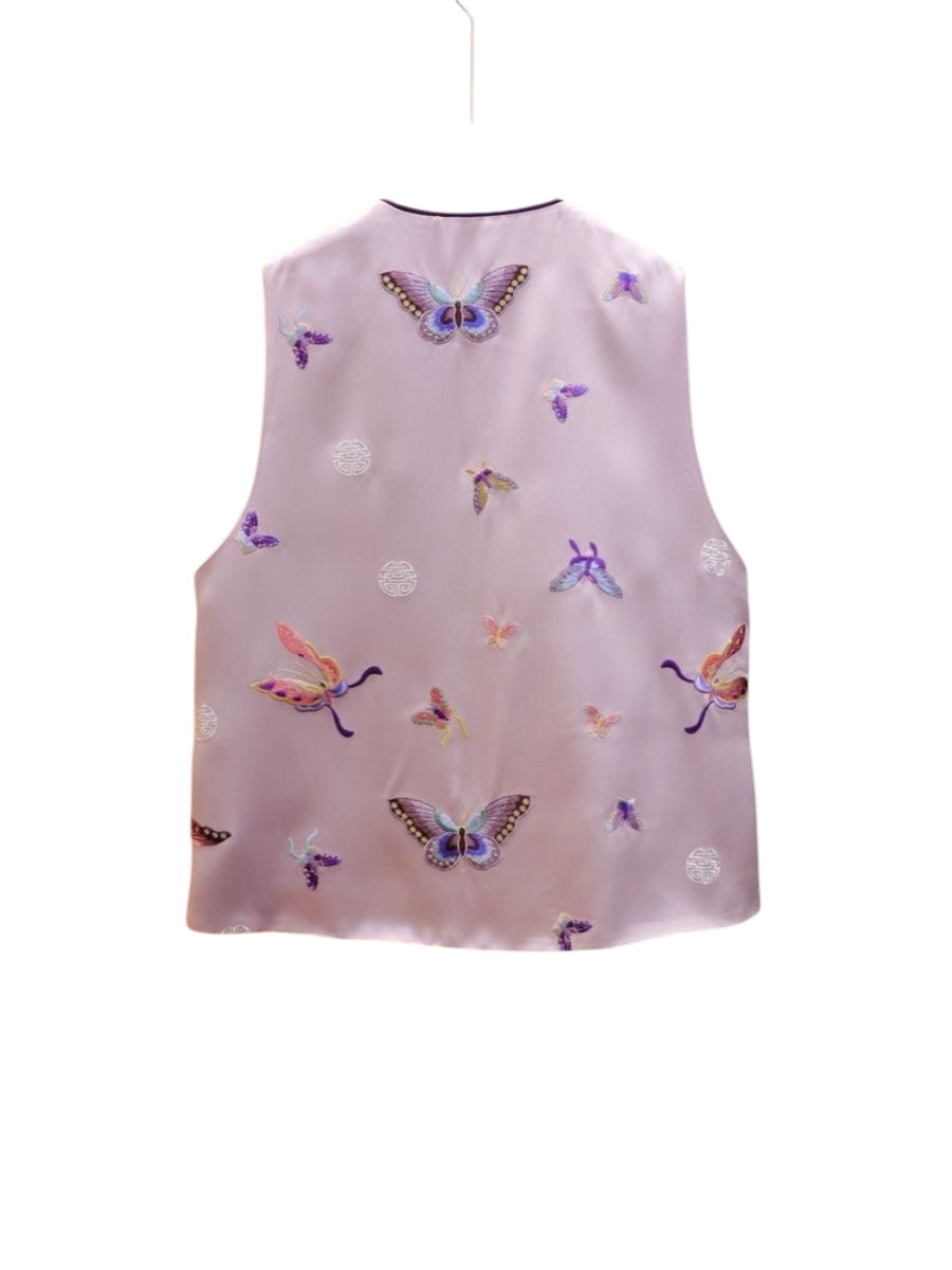 Neo-Chinese Style, New Year, Reversible Butterfly Print Vest, Pink and Purple, Traditional Asian Style