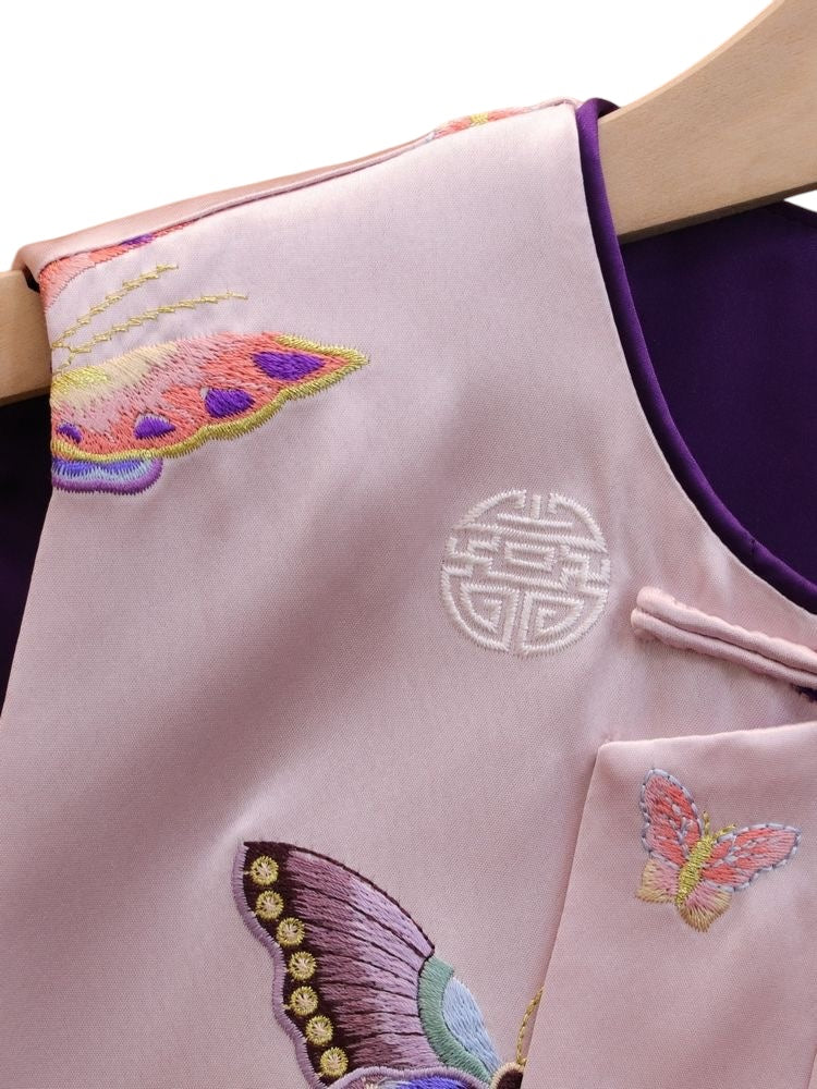 Neo-Chinese Style, New Year, Reversible Butterfly Print Vest, Pink and Purple, Traditional Asian Style