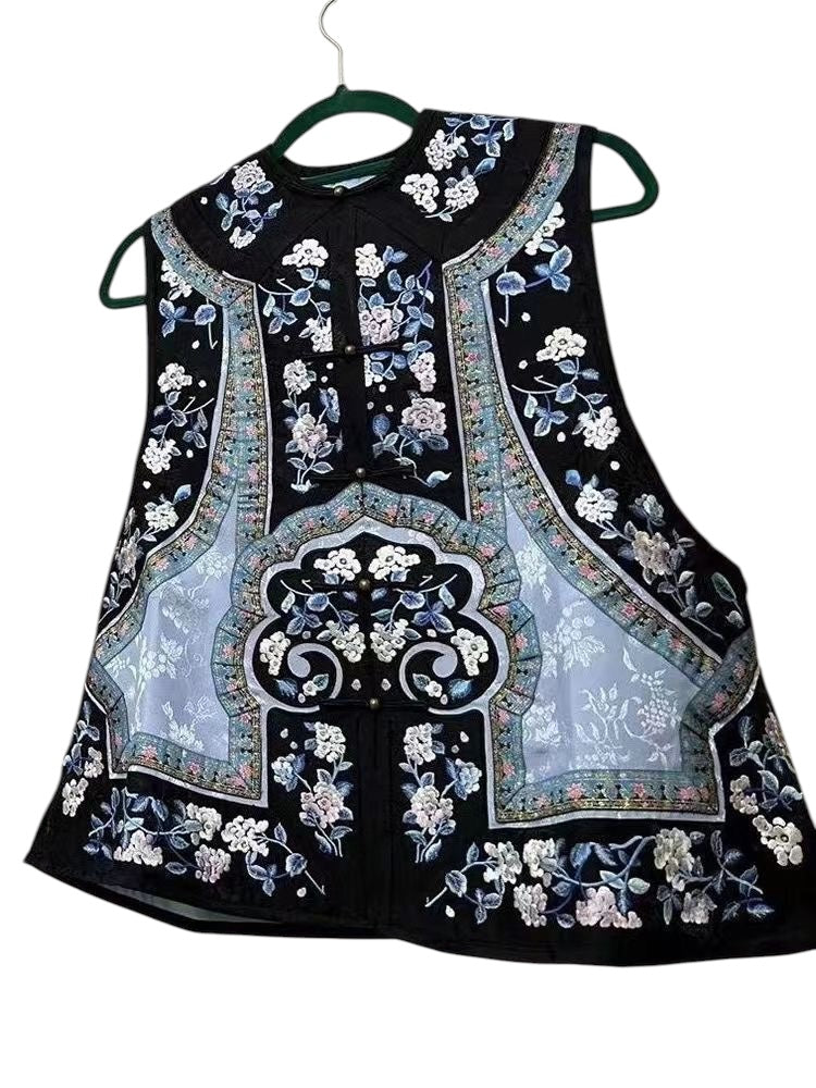 Vintage-Style Embroidered Floral Vest, Black with Blue and White Flowers, Oriental Design