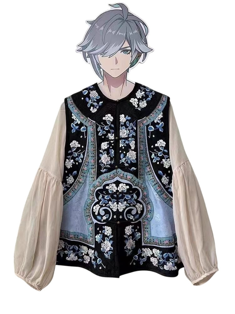 Vintage-Style Embroidered Floral Vest, Black with Blue and White Flowers, Oriental Design