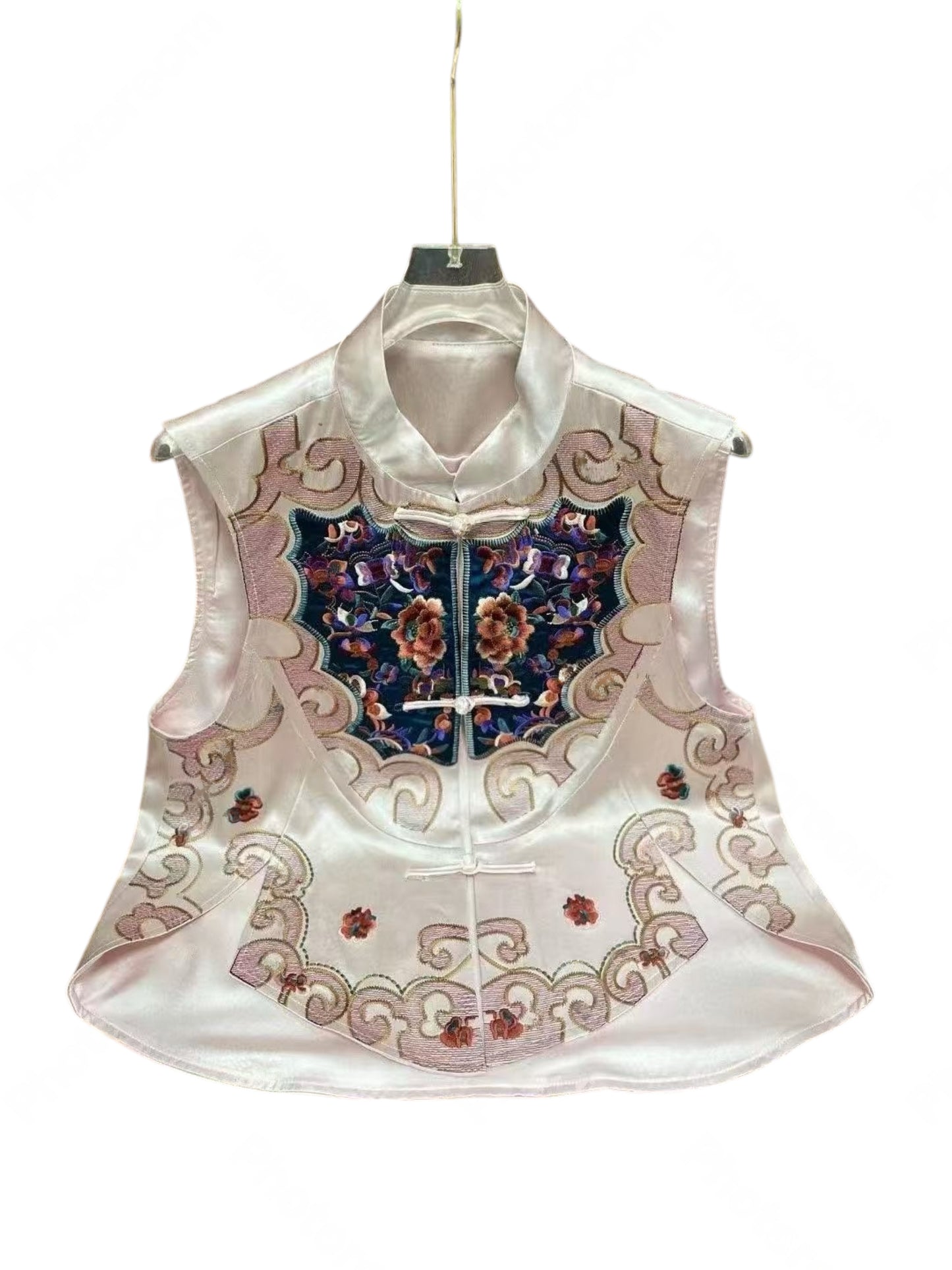 Neo-Chinese Style, New Year, Elegant Embroidered Satin Vest, Traditional Asian Floral Design, Pink and Navy