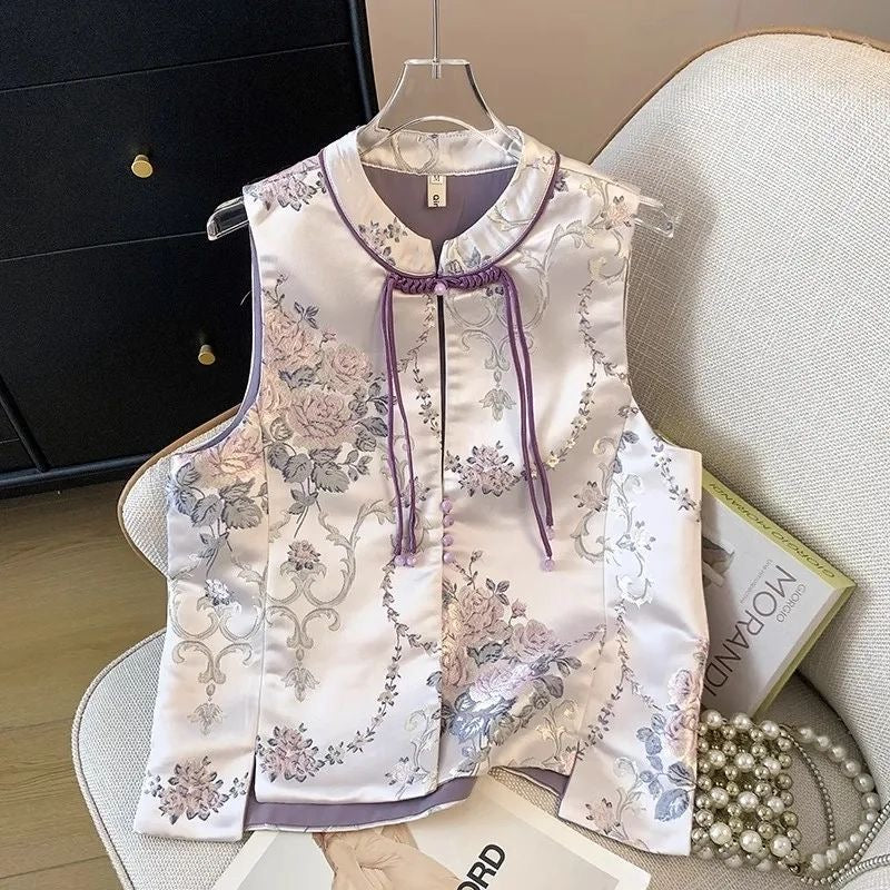 Elegant Floral Satin Sleeveless Top, Chinese Style Vest with Purple Trim, White and Grey Embroidered Pattern