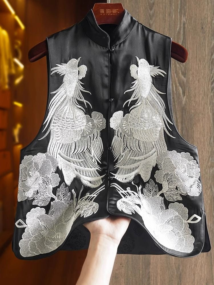 Elegant Black Sleeveless Vest with Silver Phoenix and Floral Embroidery, Mandarin Collar, Asian-Inspired Design