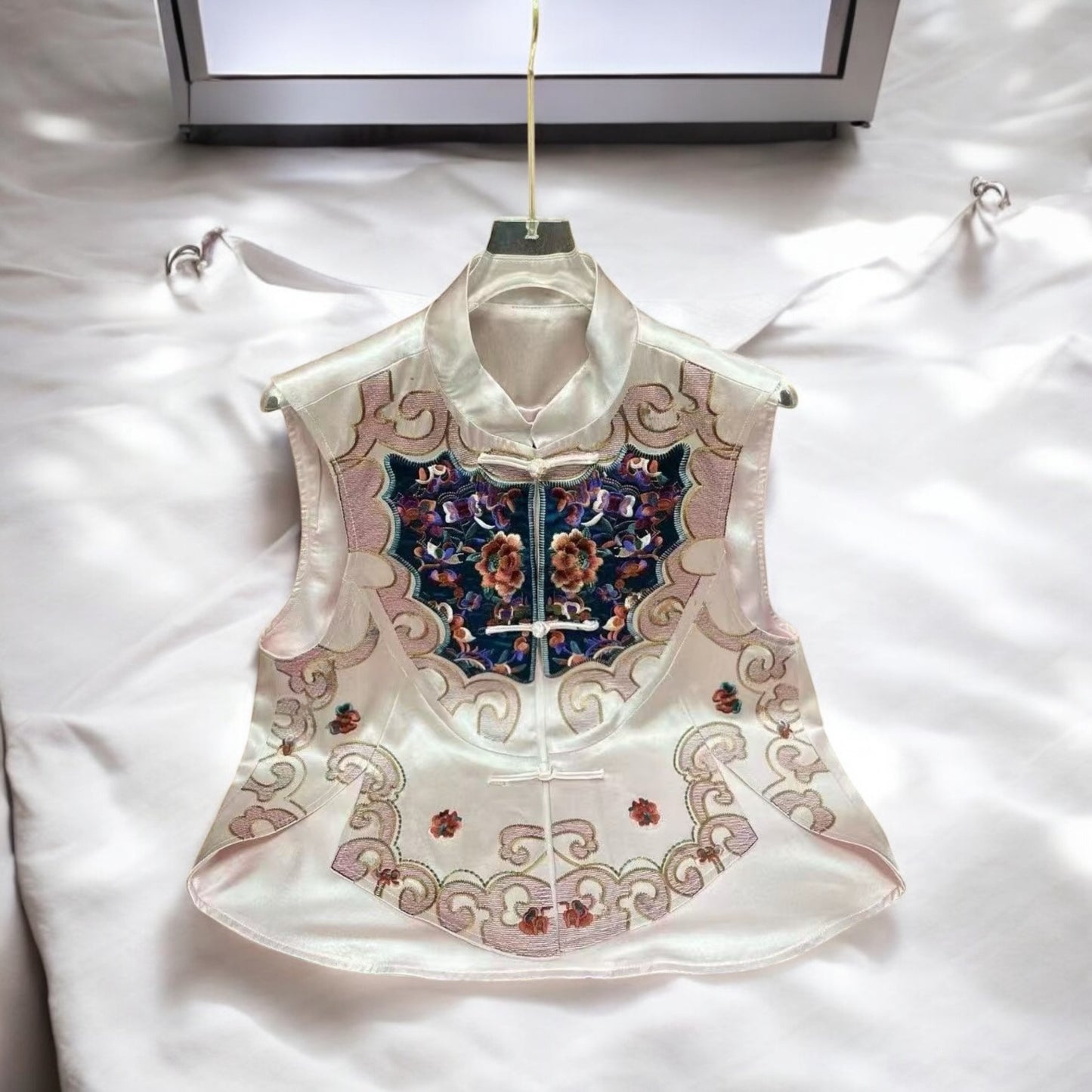 Neo-Chinese Style, New Year, Elegant Embroidered Satin Vest, Traditional Asian Floral Design, Pink and Navy
