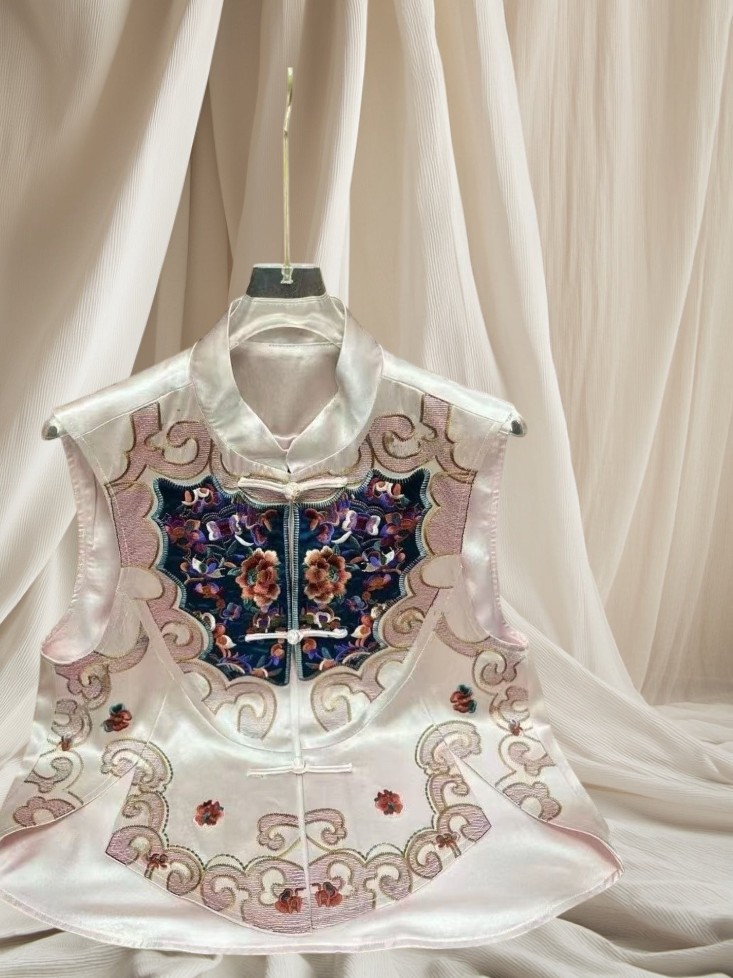 Neo-Chinese Style, New Year, Elegant Embroidered Satin Vest, Traditional Asian Floral Design, Pink and Navy
