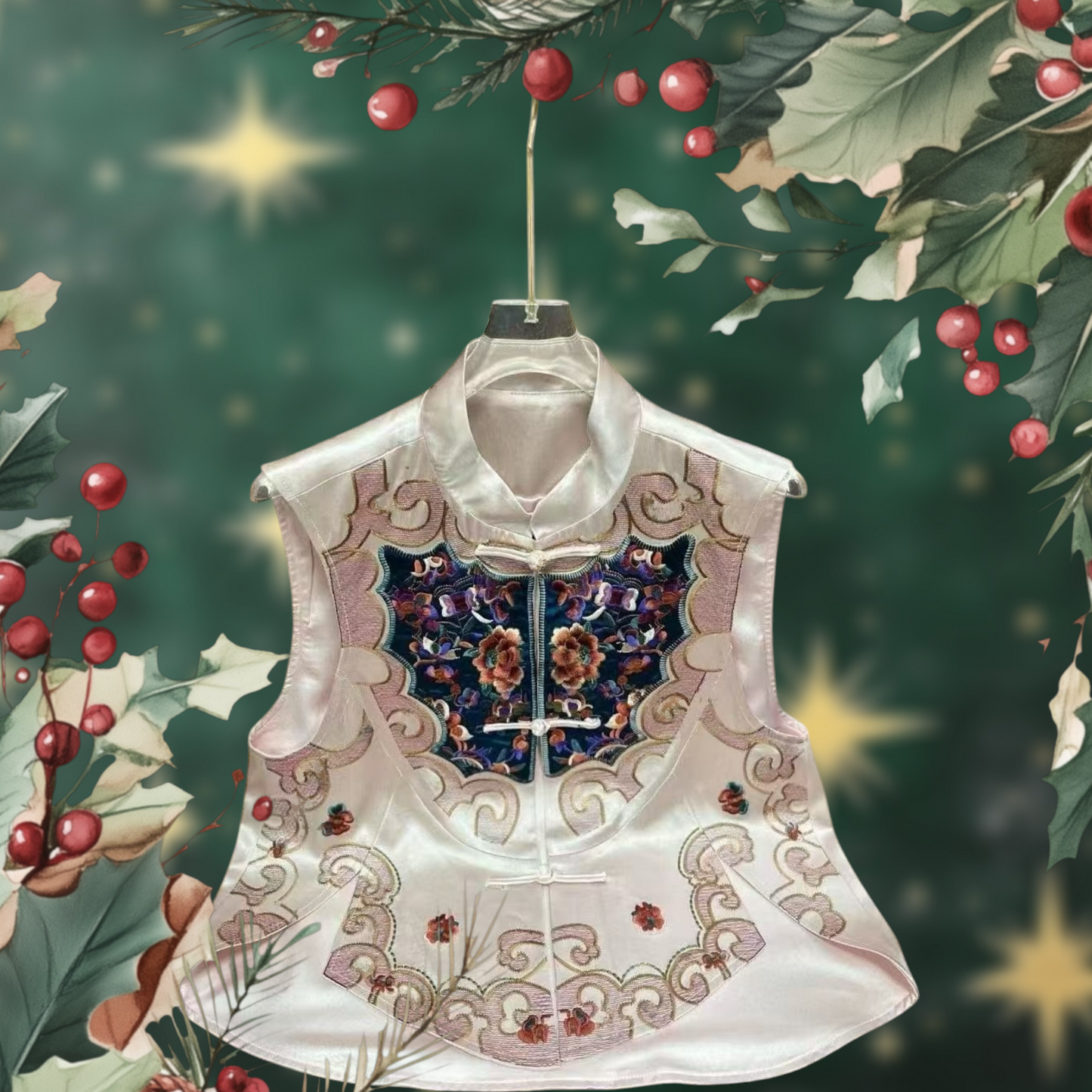 Neo-Chinese Style, New Year, Elegant Embroidered Satin Vest, Traditional Asian Floral Design, Pink and Navy
