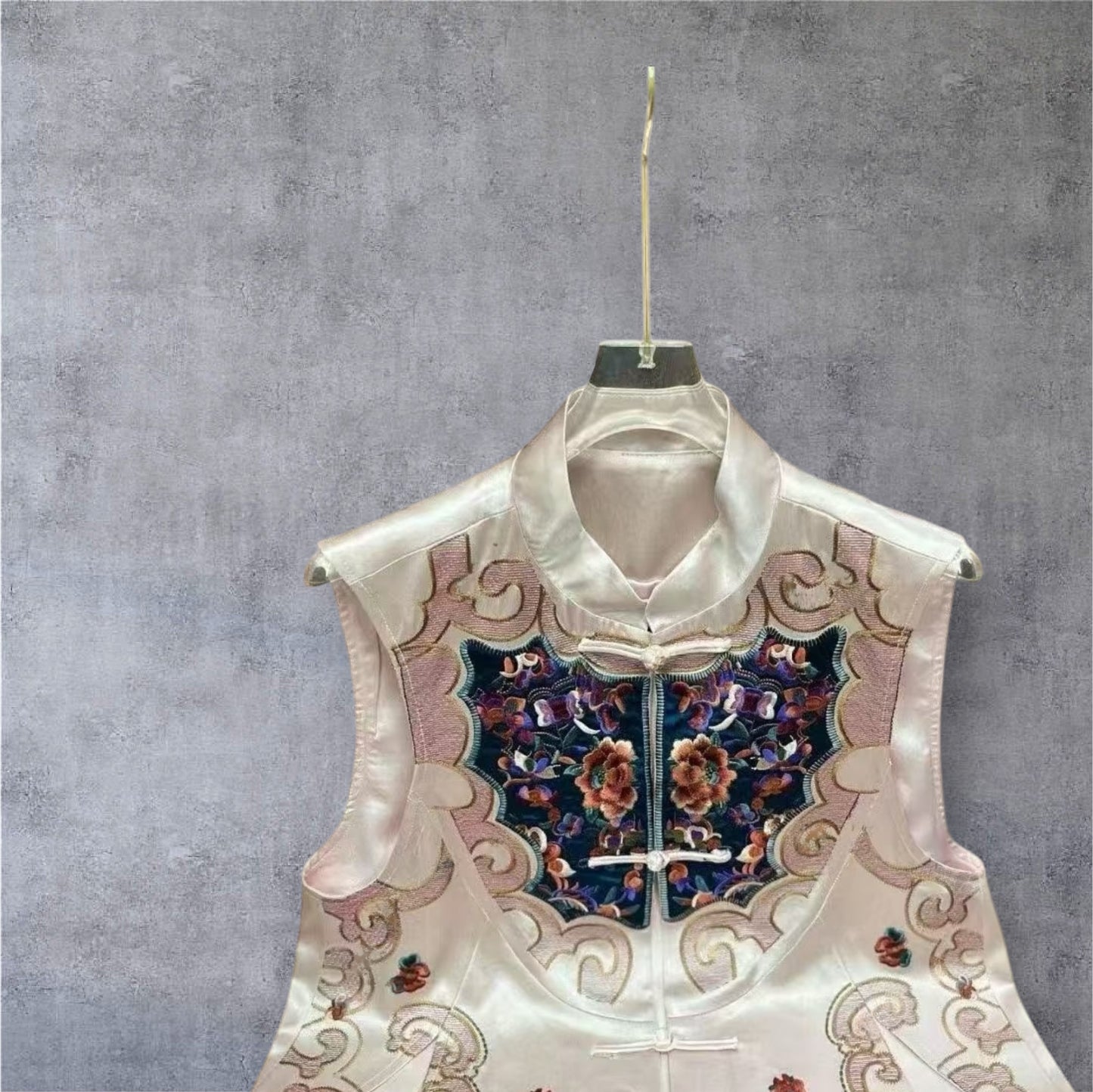 Neo-Chinese Style, New Year, Elegant Embroidered Satin Vest, Traditional Asian Floral Design, Pink and Navy
