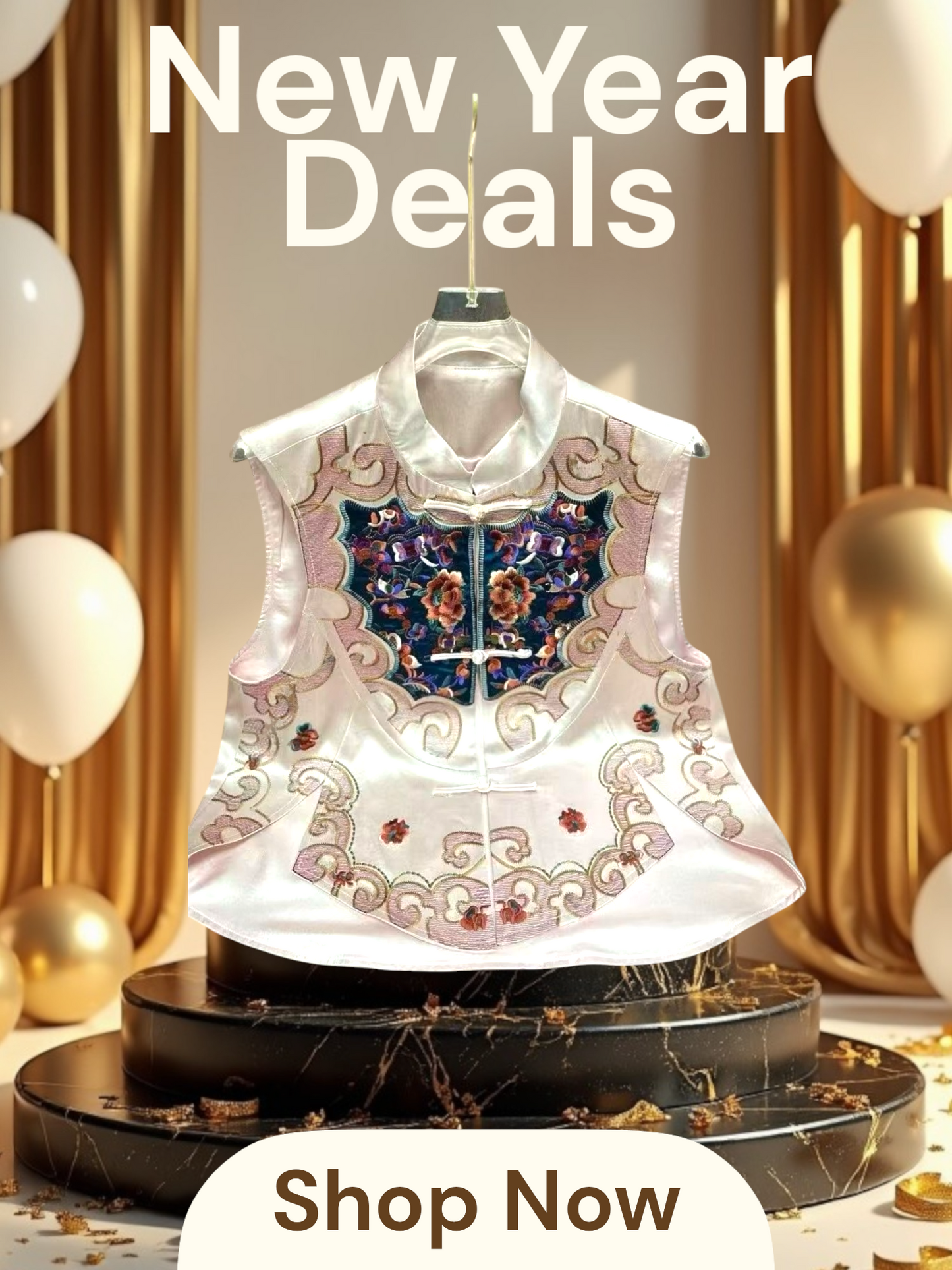 Neo-Chinese Style, New Year, Elegant Embroidered Satin Vest, Traditional Asian Floral Design, Pink and Navy