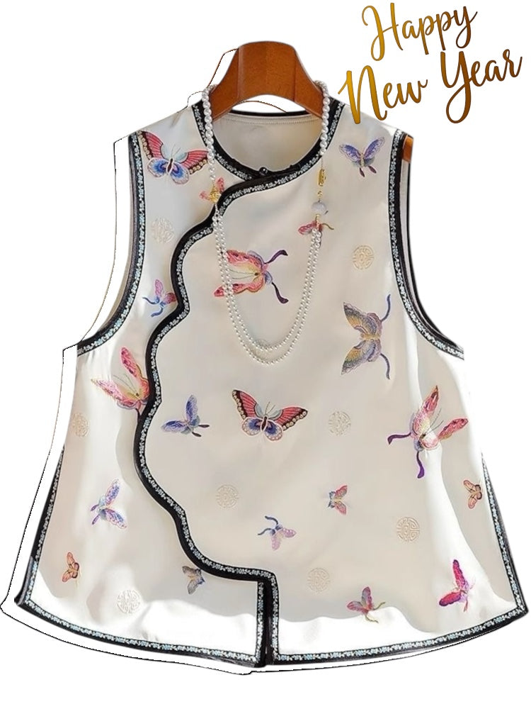 Neo- Chinese Style, New Year, Sleeveless Butterfly Print Qipao Top, Traditional Chinese Style with Pearl Trim, White with Multicolour Pattern
