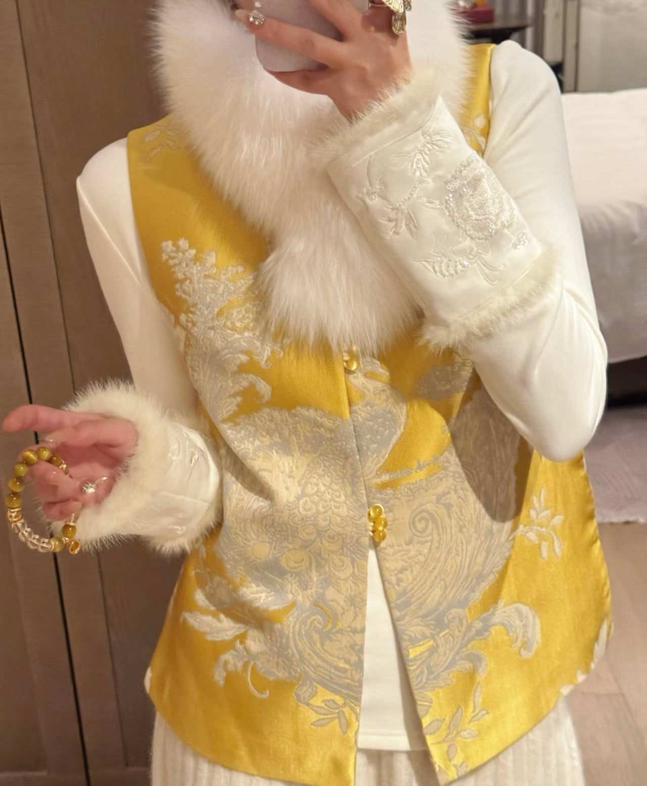 Elegant Yellow and White Brocade Vest with Faux Fur Trim, Floral Embroidered Pattern,